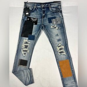 Embellish Patchwork Distressed Skinny Jeans• Men’s Size 38- New